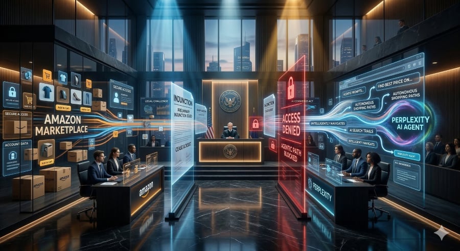 An AI-generated image of a courtroom where Amazon wins injunction against perplexity over Comet browser access.