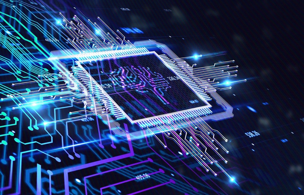 Virtual chip with a digitized brain logo on a background of a circuit grid.