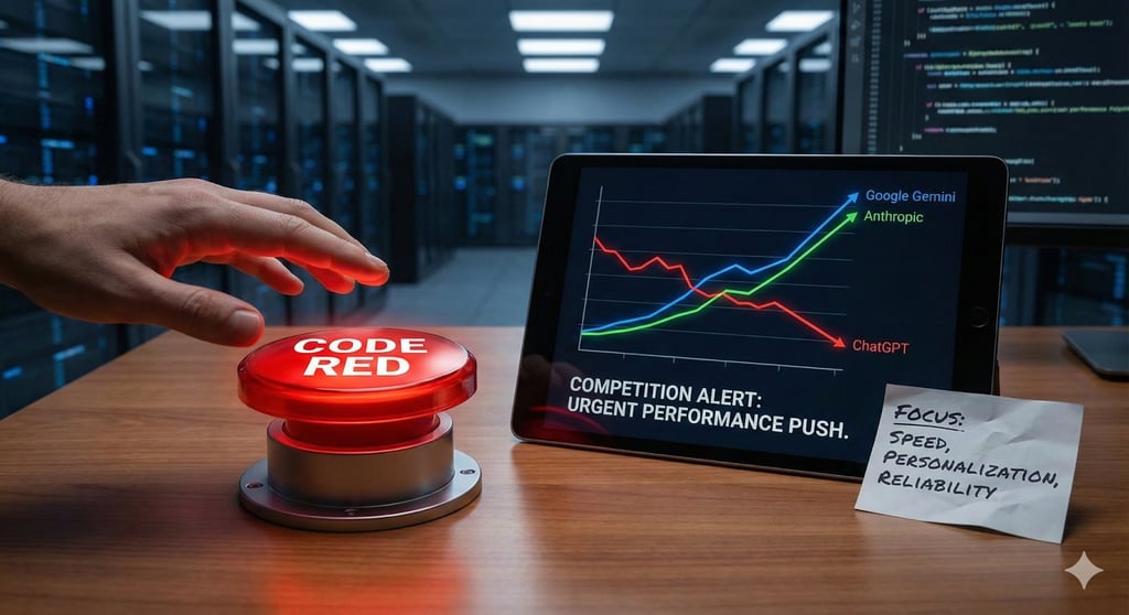 A hand about to press a red button with a line graph from a tablet about AI competition.
