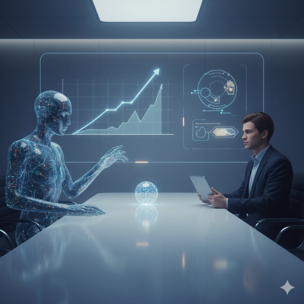 An AI employee face to face with a human employee on table.