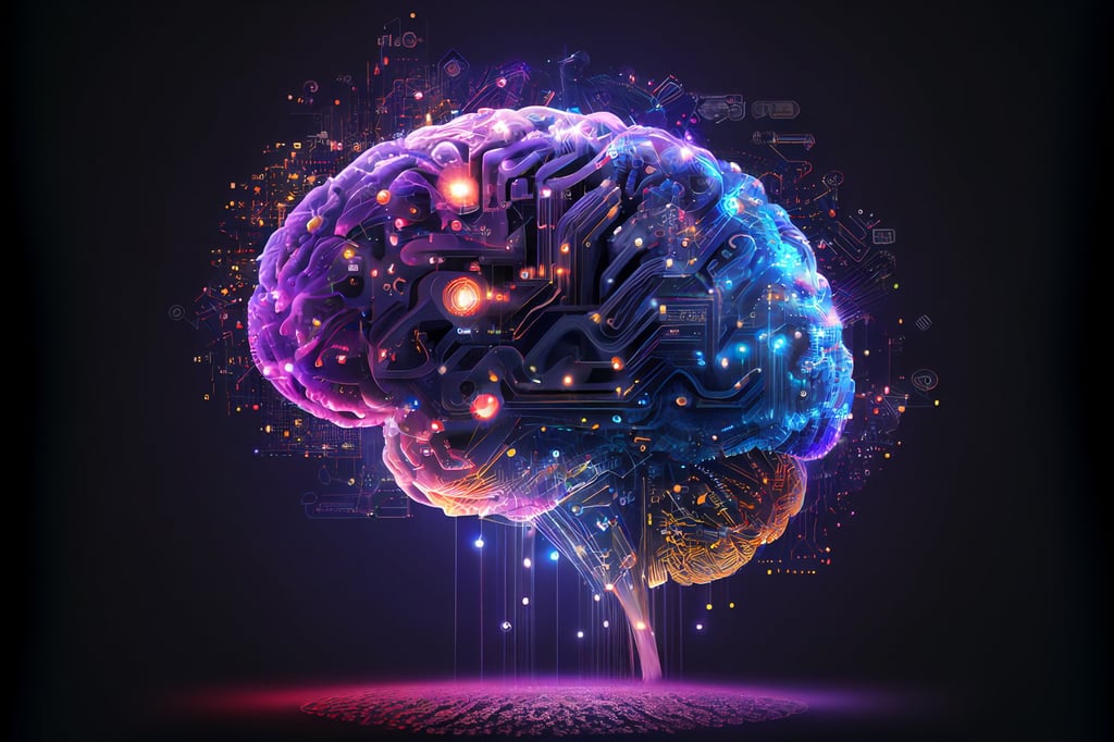 Human brain with neural network and printed circuit.