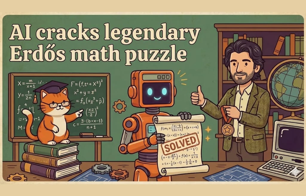 AI cracks legendary Erdős math puzzle" features a man and a robot celebrating a solved math problem, with a cat observing.