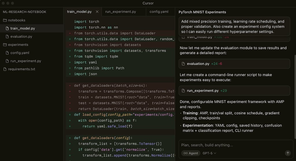 Cursor uses AI to write code, update multiple files, and build complete project structures through natural language instructions within the development environment.