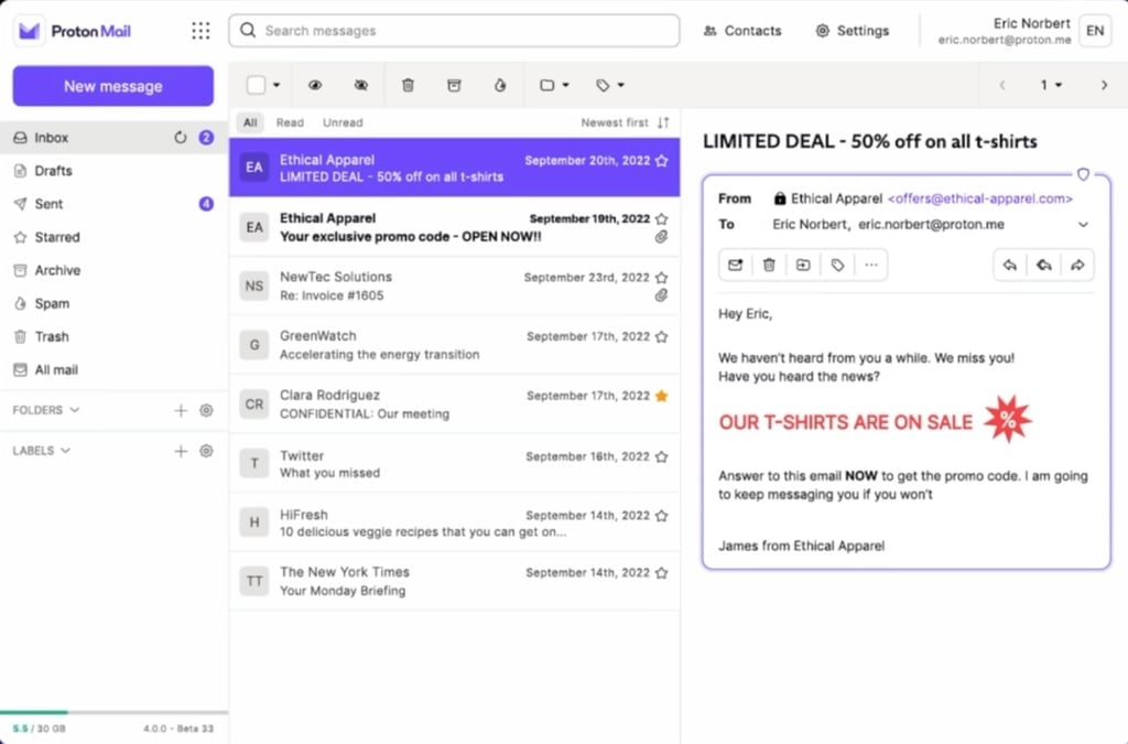 Proton uses AI-driven spam filtering to manage marketing emails and other unsolicited messages.