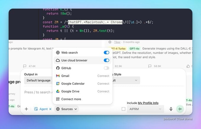 Screenshot showing code snippet with "ChatGPT, Macintosh, Chrome" regex, and browser menu with connection options.
