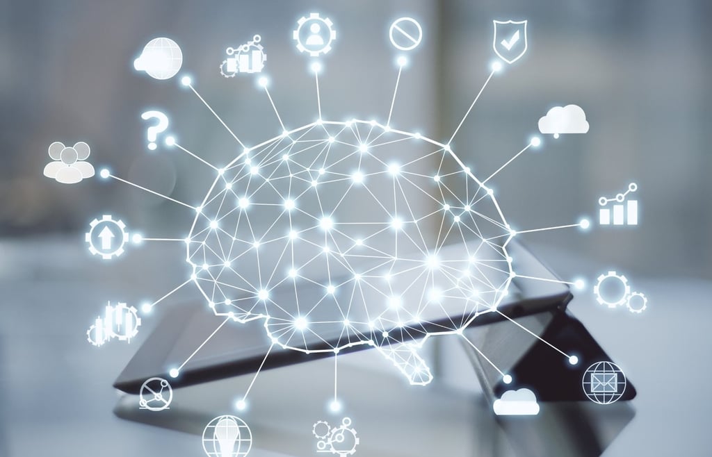 Digital glowing neural network brain over a tablet, connected to icons for cloud computing, data security, and innovation.