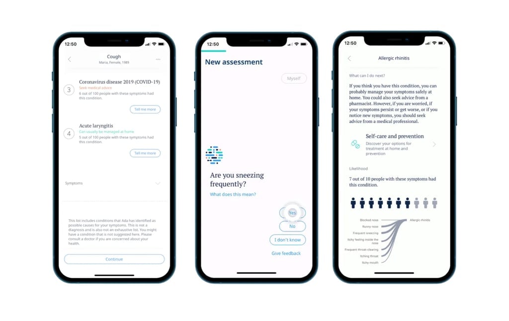 Ada Health uses AI to analyze your symptoms and medical history, helping you identify potential conditions and decide whether to seek professional care or manage at home.