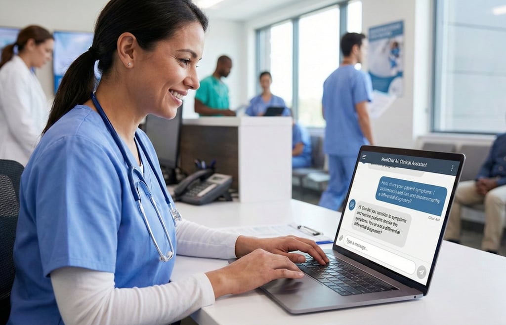 Nurse typing on a laptop with medical AI software for differential diagnosis.