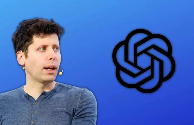 Photo of OpenAI's CEO Sam Altman with the company's logo.