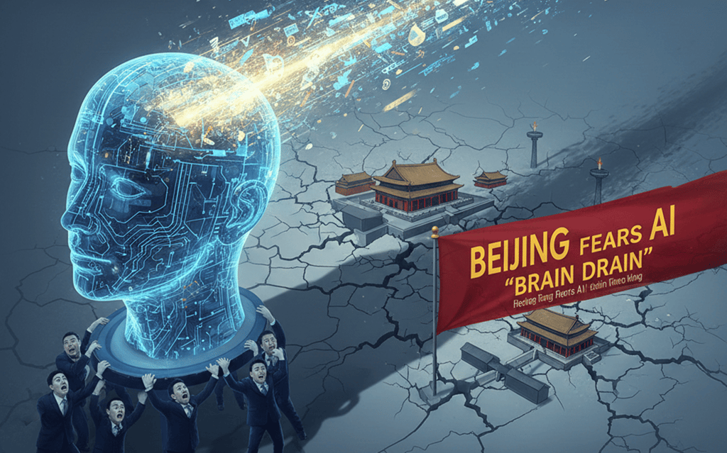 A graphic depicting China facing a brain drain of AI experts amidst a technological power struggle.