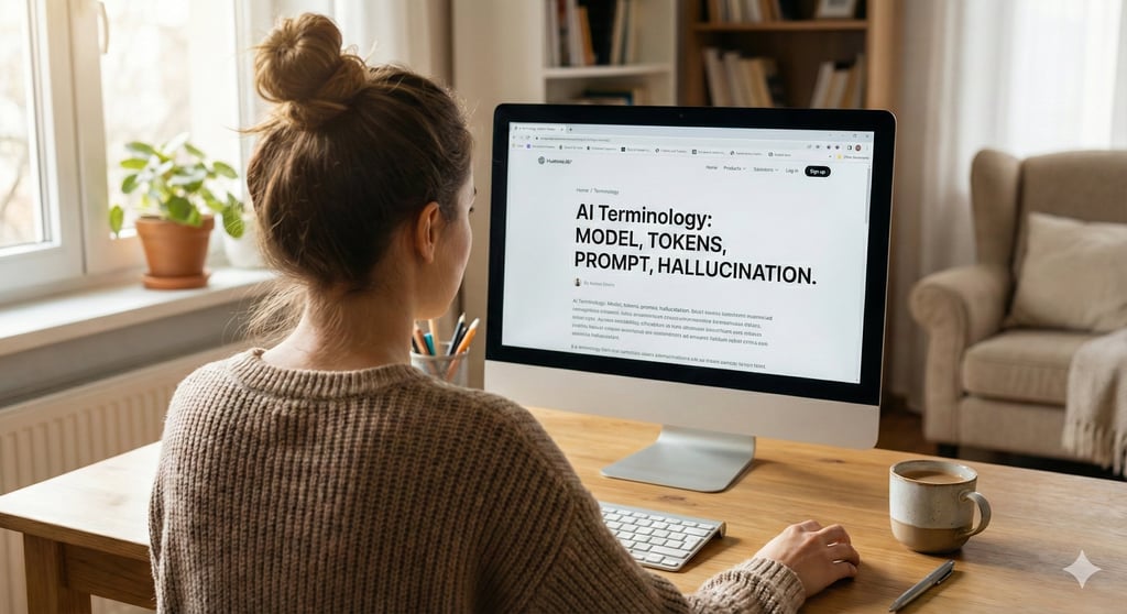 A woman searching on her computer about AI terminologies.