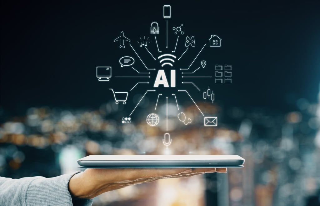 Hand holding a tablet projecting an AI connectivity hub with icons for travel, retail, and tech, representing the $2 billion AI funding surge across multiple industries.