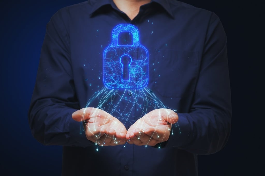 A man holding a virtual icon of padlock for data protection.