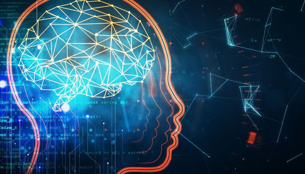 Robot Head And Digital Brain Hologram On Futuristic Html Background.