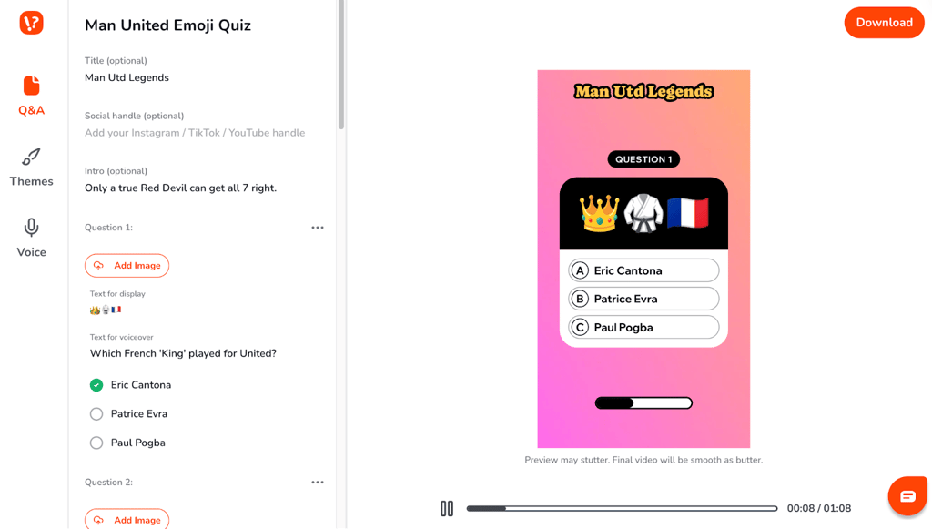 Trivia by Typito lets users create custom video quizzes with emoji-based questions, multiple-choice answers, and live preview functionality for social media-ready trivia content.