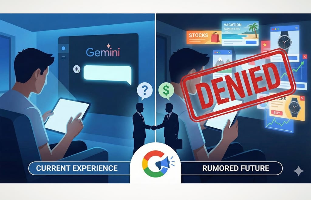 Visual comparison of an ad-free AI chat interface ("Current Experience") and one filled with ads ("Rumored Future") marked as "DENIED" by an ad blocker.