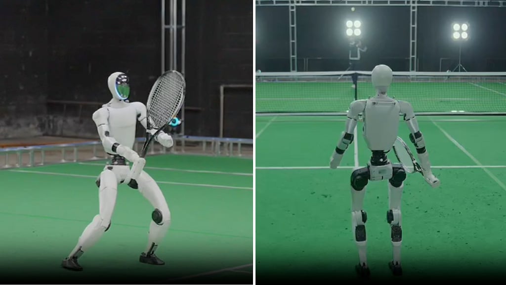 A humanoid robot playing tennis.