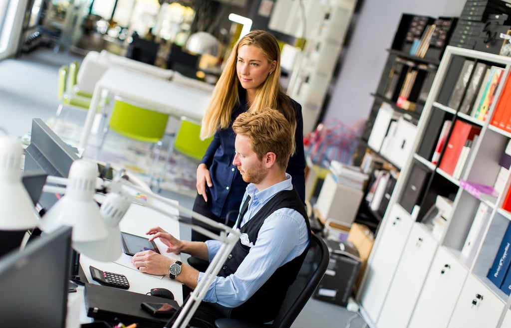 Two office workers in an office setting.