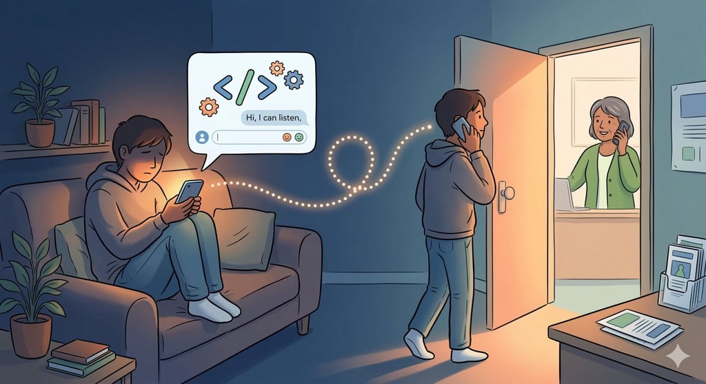 Gemini said An illustration showing a person using a smartphone in a dim room to message a chatbot, which then transforms into a glowing path leading them toward a brightly lit office where a supportive professional waits to help.