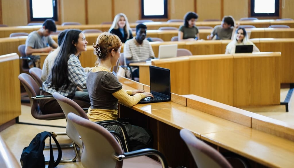 Young students working with laptop computers inside classroom at school university