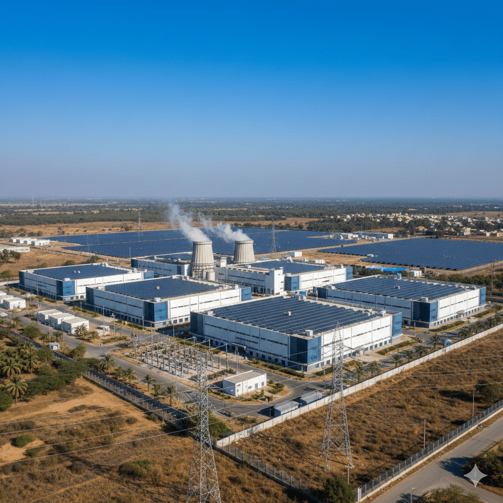 An aerial view of a large, modern data center complex in a semi-arid Indian landscape, featuring multiple white industrial buildings with blue accents, solar panels on the roofs, and cooling towers under a clear blue sky.