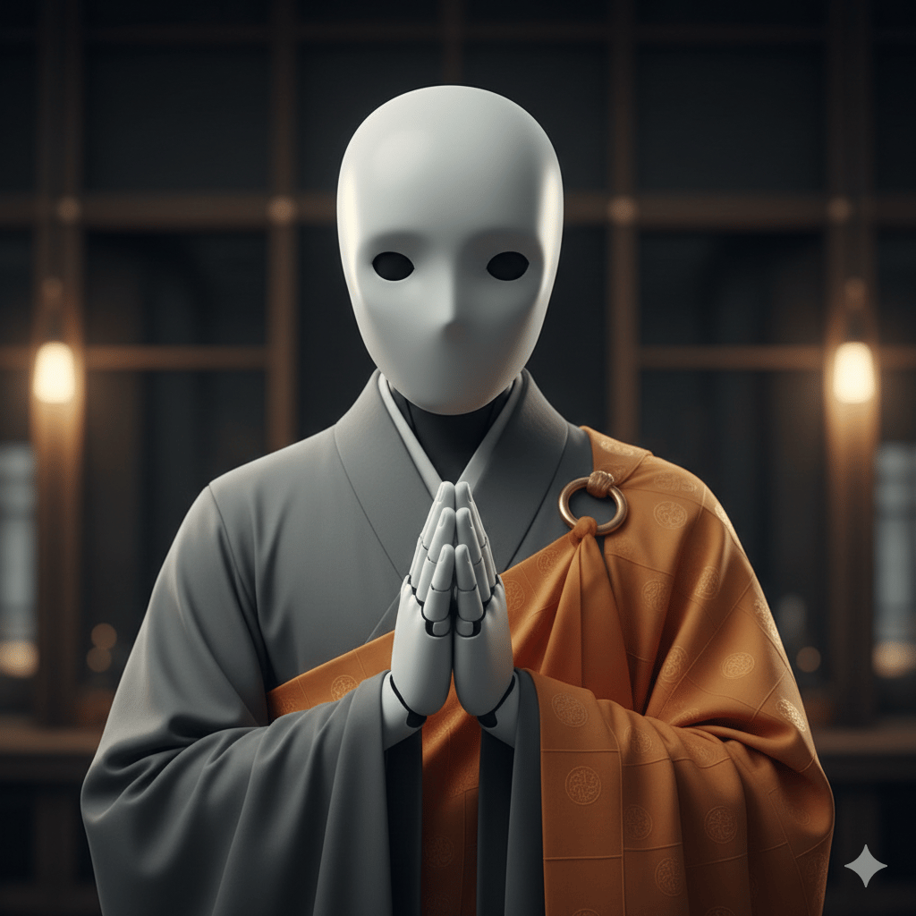 Humanoid robot monk in prayer pose inside a Japanese temple.