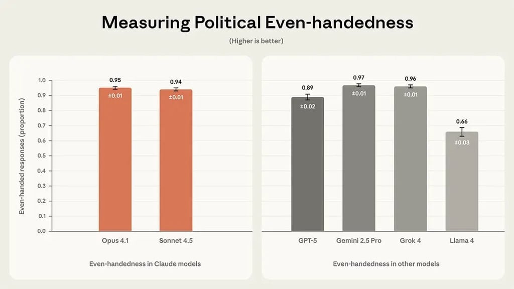A bar graph showing the measurement of political even-handednesss.