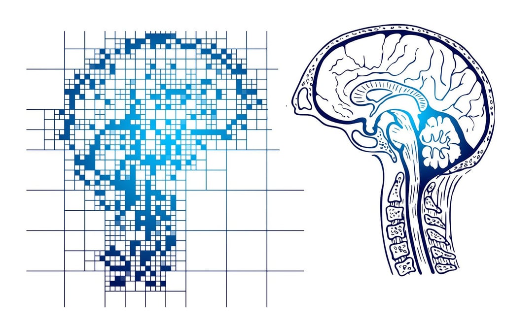 Comparative illustration of a digitized brain and an organic brain.