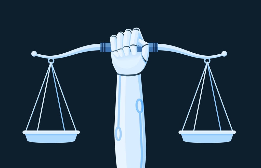 Flat vector illustration of a robot arm raising a balance scale