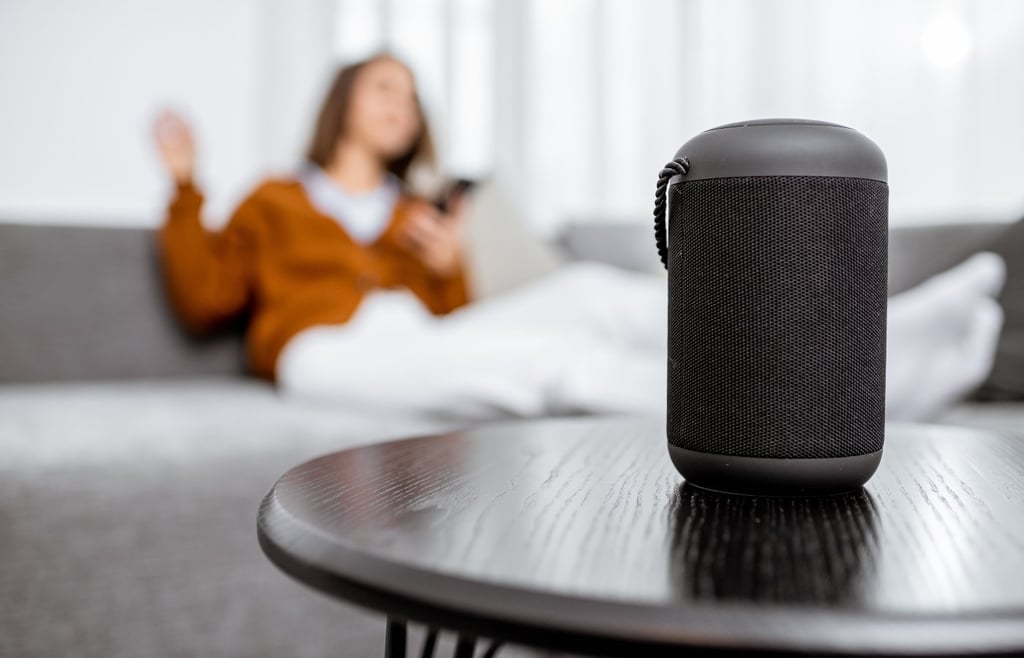 A black portable Bluetooth speaker sits on a small wooden table, with a woman sitting on a grey sofa in the blurred background using her smartphone.