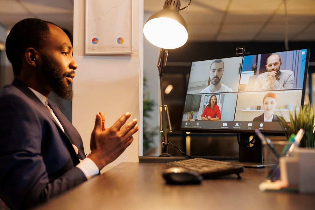 Stock photo of a remote job interview.
