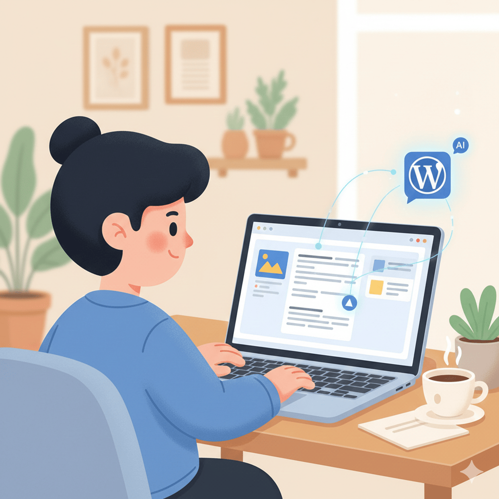 A friendly, minimalist illustration of a person sitting at a desk using a laptop. On the screen, a WordPress blog editor is open. A small, glowing blue 'W' logo with an 'AI' speech bubble floats above the laptop, connected by light digital trails, representing an integrated AI assistant. The scene includes a coffee cup and potted plants in a soft, blue and tan color palette.