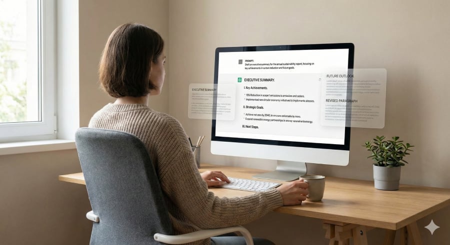 A woman working on her computer with ChatGPT.