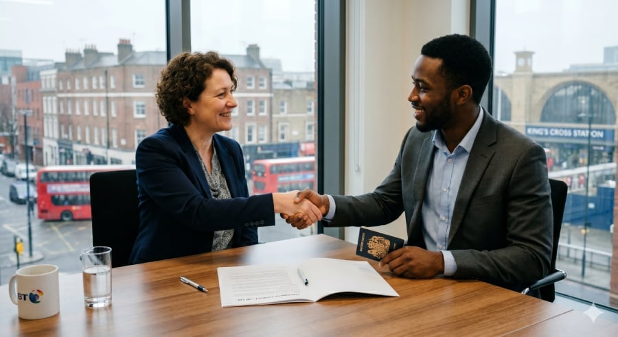 A man shaking hands with a woman inside office.