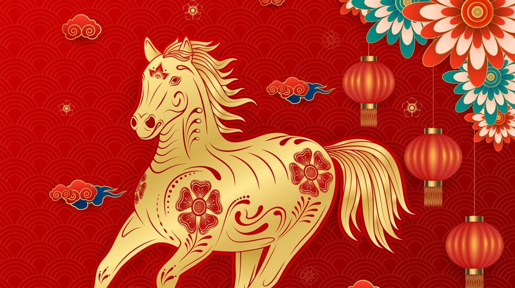 Happy Chinese New Year 2026. Card design invitation or greeting. Gold horse zodiac and lanterns, cloud on red background. Lunar calendar animal. Translation Happy new year, Year of the horse. Vector.
