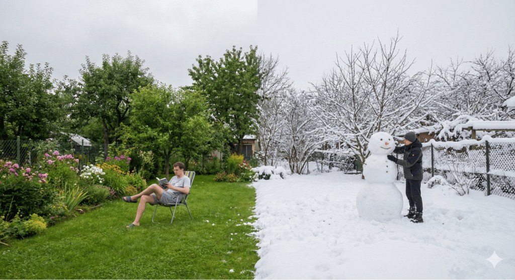 An AI generated image of two photos—one of a person in their backyard in summer, and one of the same person building a snowman in winter—merged into a single, realistic photograph.