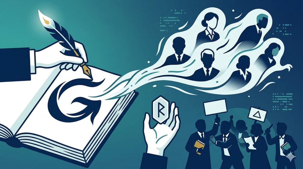 Gemini said A quill pen draws a "G" while ghost-like silhouettes of experts emerge from a book.