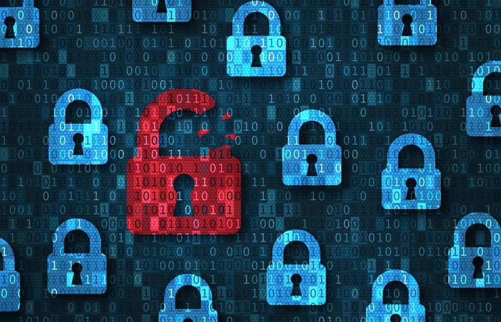 Hacked alert with red broken padlock icon.
