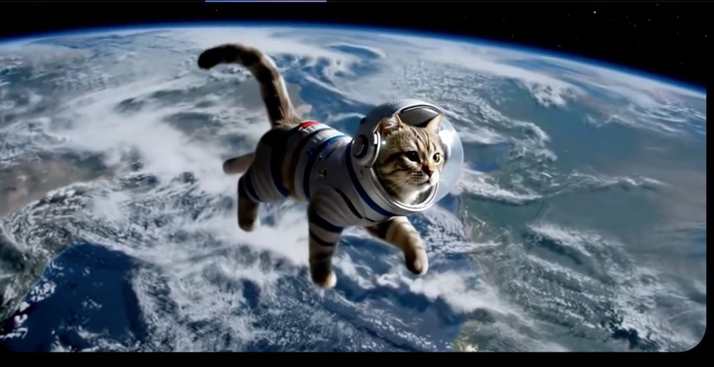 Screenshot of Google's Gemini Advanced Veo 2 AI video generator featuring a cat in space.