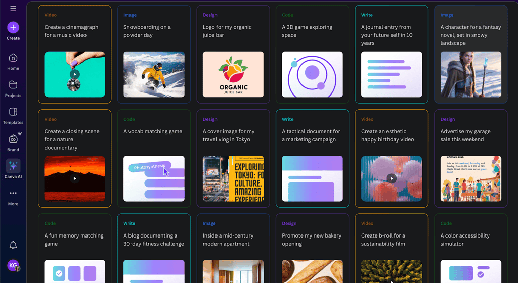 Canva AI enables creators to quickly generate videos, images, designs, and written content across multiple formats without starting from scratch.