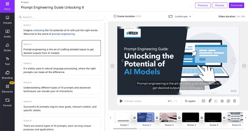 An eWeek article summarized on Pictory’s Article to Video dashboard.