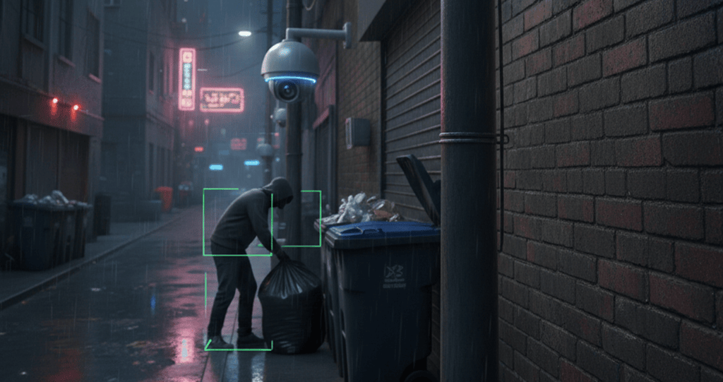 Video game screenshot of a hooded figure placing a black trash bag into a blue dumpster in a rainy city alley under a security camera