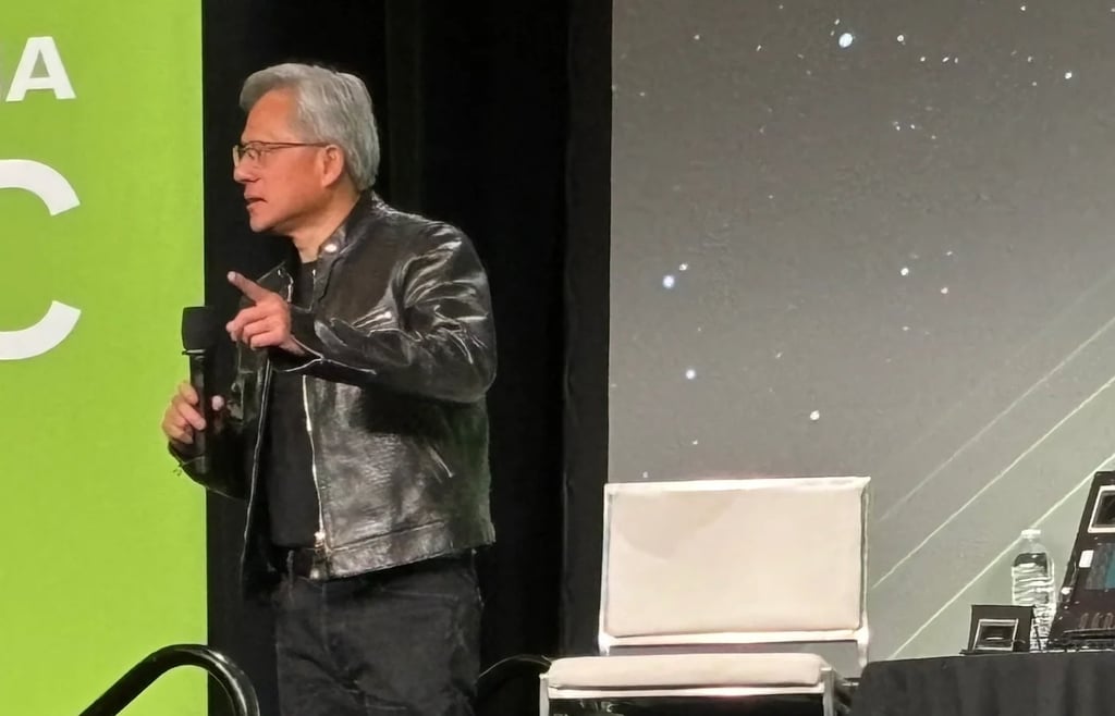 NVIDIA CEO Jensen Huang speaks during a press Q&A during NVIDIA GTC in San Jose, California on March 19, 2024.
