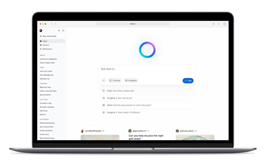 Front view of a laptop with meta AI.