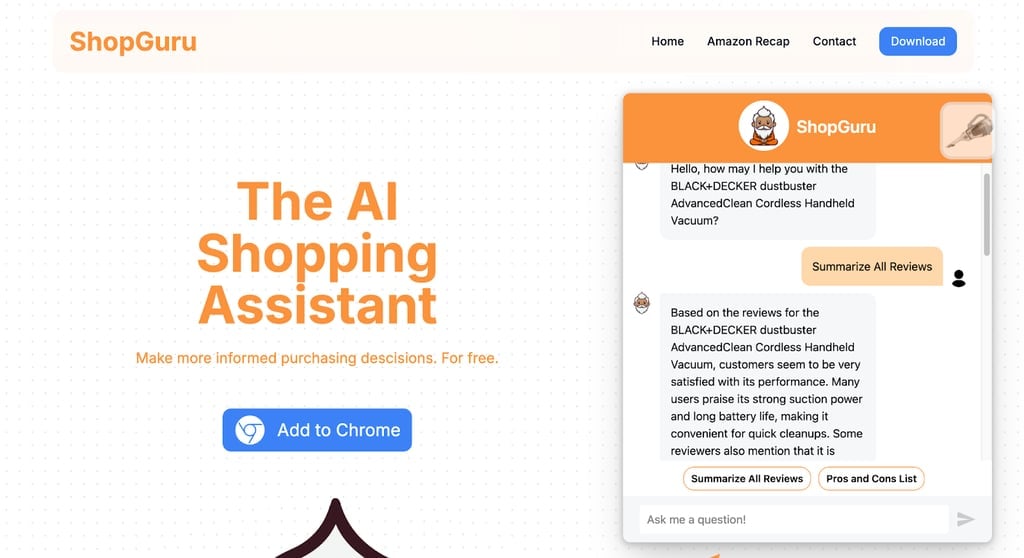 Get instant product insights, customer review summaries, and pros and cons lists with ShopGuru’s AI assistant and review analyzer.