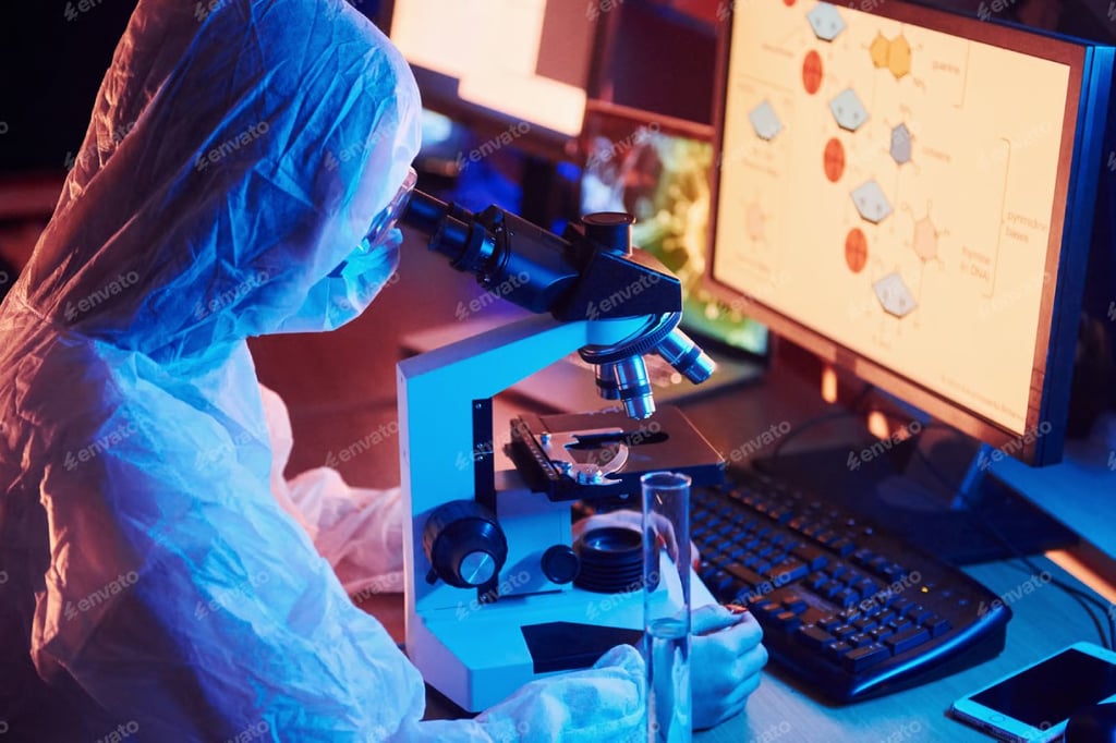 A bio-chemist analyzing a test sample through a microscope.