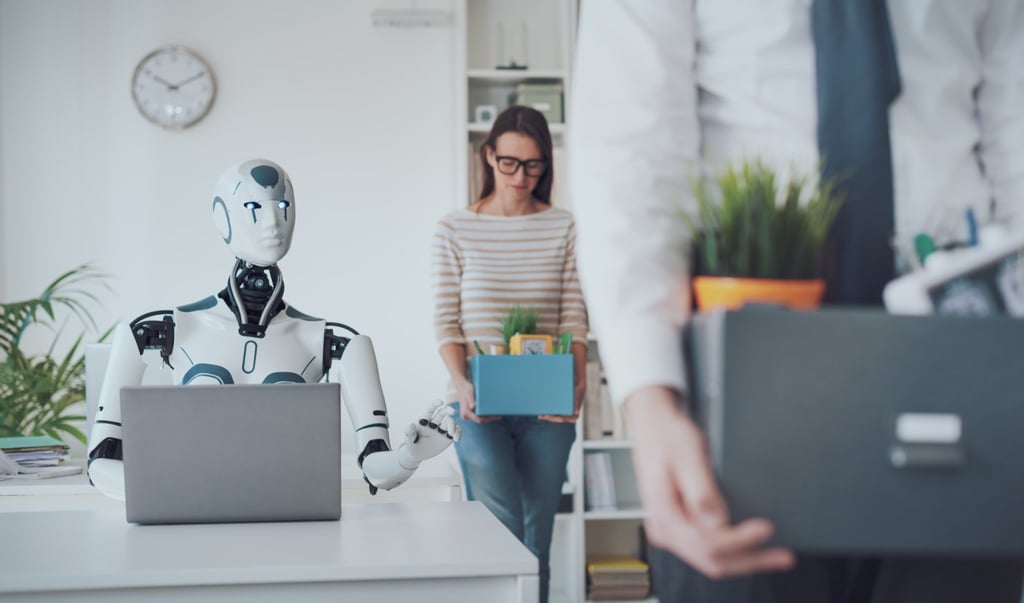Robotic AI replacing human employees on their jobs.