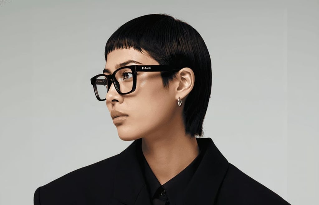 A model wearing glasses and black shirt.