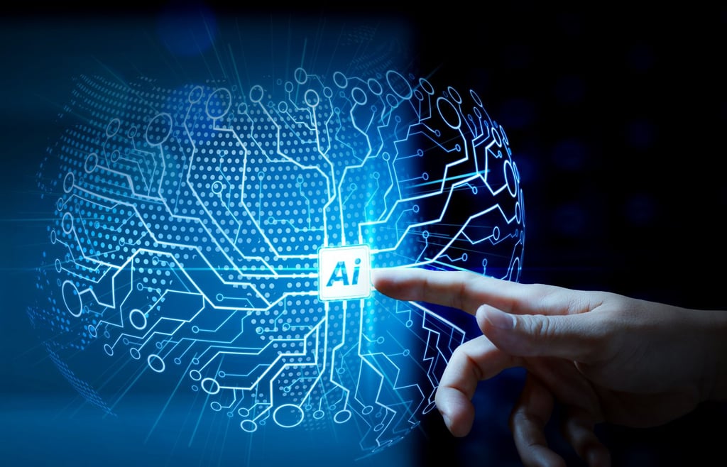 Hand interacting with an AI interface on a virtual screen.