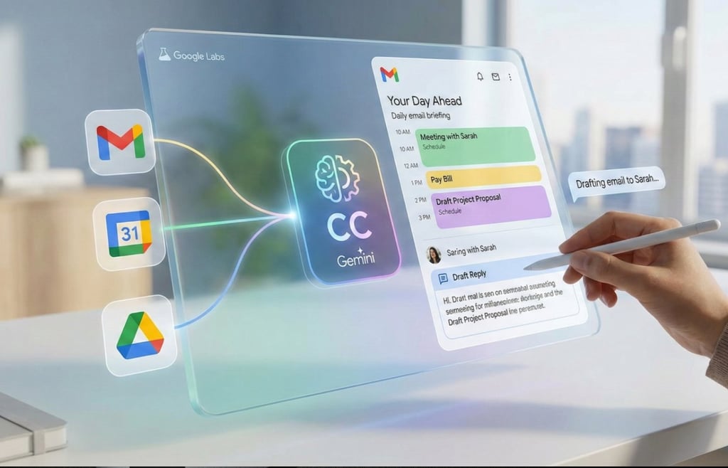 The Gemini "CC" agent features include meeting drafts and email organization.